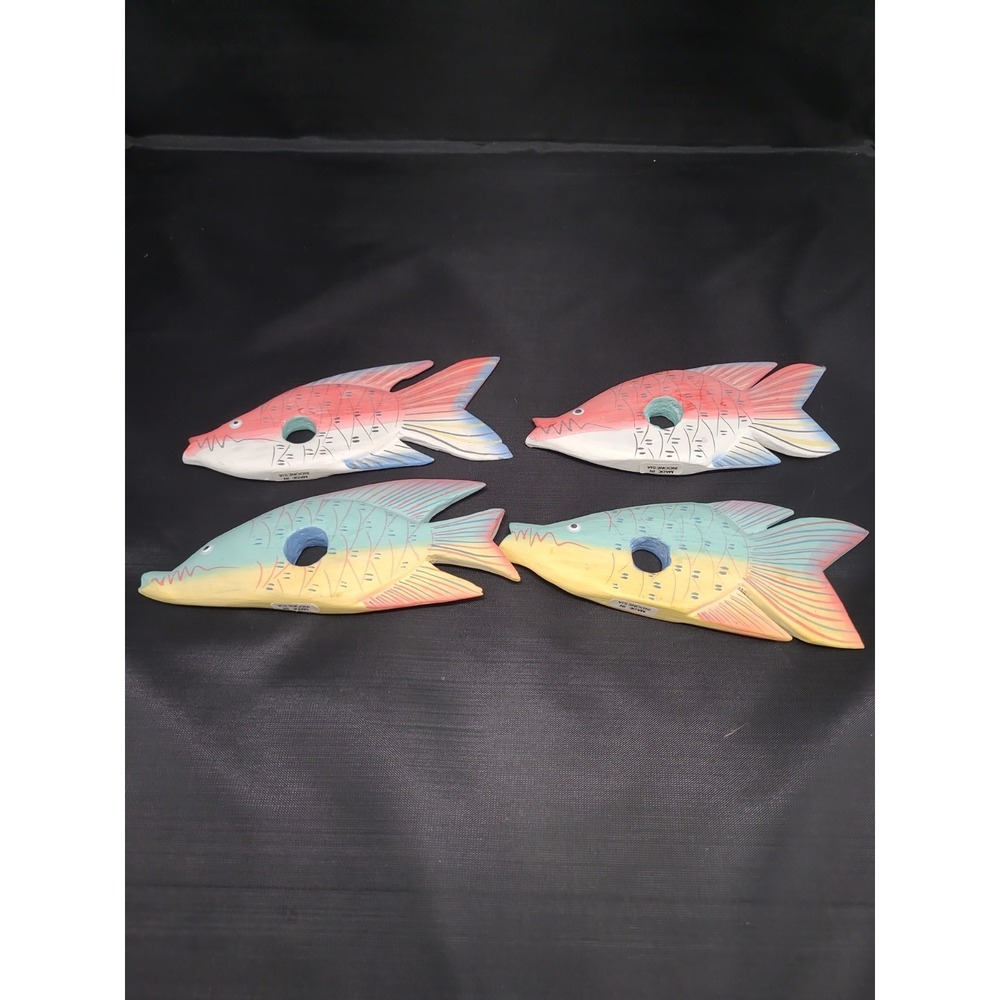 Hand Carved Wooden Fish Napkin Rings Set of 4 Tropical Coastal Decor Indonesia